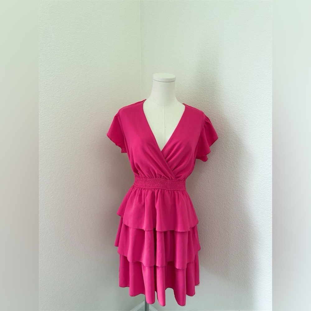 Ruffle Tiered V-Neck Mini Dress in Hot Pink - Picture 6 of 7